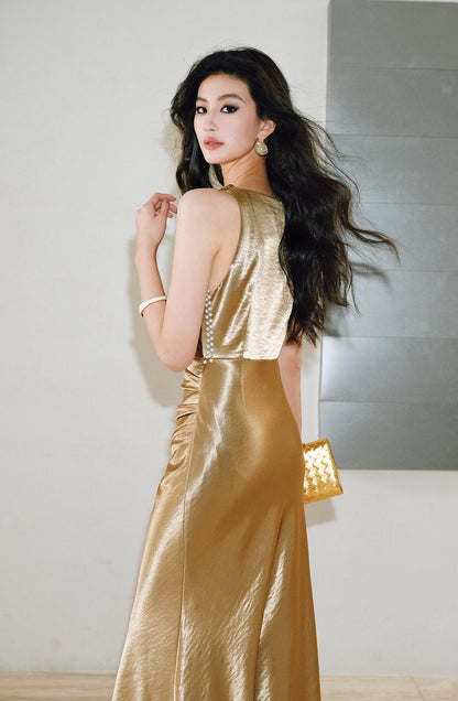 WANGXO |Detachable Pearl Pendant Swing Neck Waist Fishtail Dress -NOYA