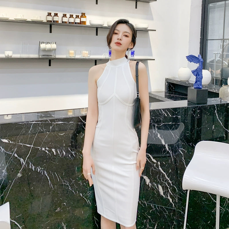 DOLLY Elegant Sleeveless Stand Collar Body Hug Midi Sexy Date Dress-NAT