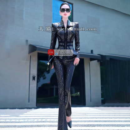 VJE Snake Print Jacket High-Waisted Micro Flared Pants Two-Piece Set-LILO.