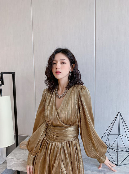DOLLY Elegant Retro Gold Deep V-Neck Long Puff Sleeve Long Slit Award Dress-HUGO