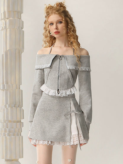 CHECOCRE Stubble Pure Desire Off-Shoulder Sweatshirt Two-Piece mini skirt Set - WENDEL