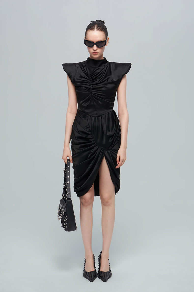 ANNAKIK black acetic multi-pleated three-dimensional flying sleeve dress-SHIGAKI