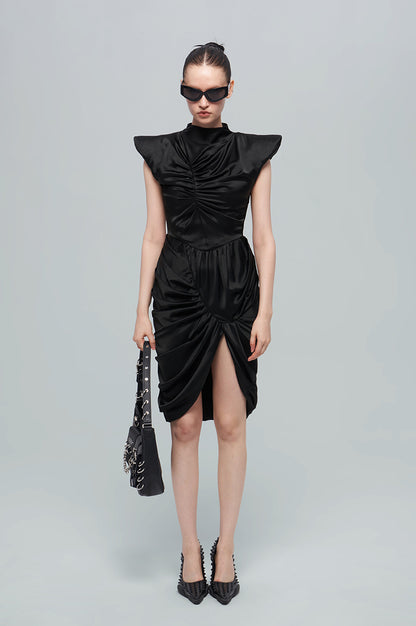 ANNAKIK black acetic multi-pleated three-dimensional flying sleeve dress-SHIGAKI