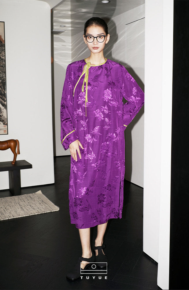TUYUE Imperial Purple Side Placket Crew Neck Slit Lace-up Dress - JENNIFER.