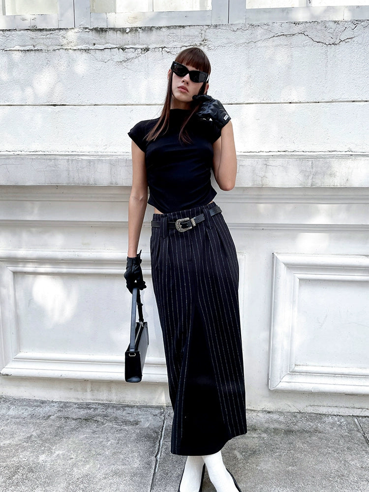 ANNAKIKI Black and White Striped Vintage Belt Trim Striped Skirt-RAVY