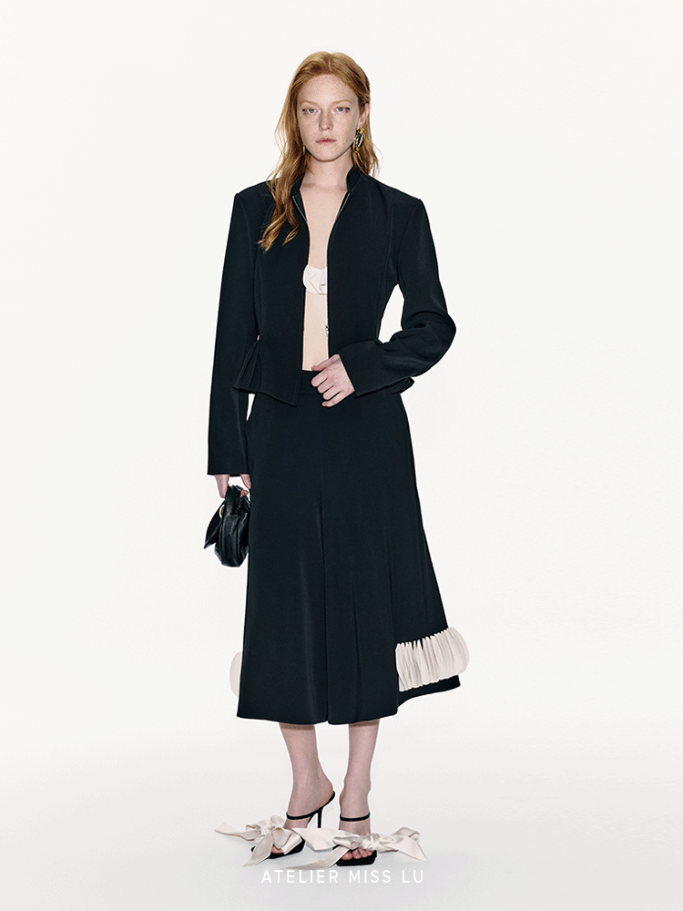 ATELIER MISS LU Silhouette Three-dimensional Hem Cinched Waist Zip-up Jacket - WORLD.