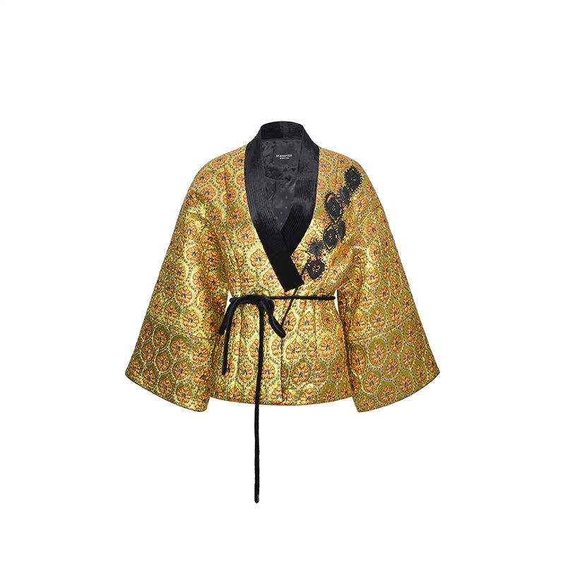 M essential Mackay gold banner jacquard crochet embroidery tunic coat - furbu.