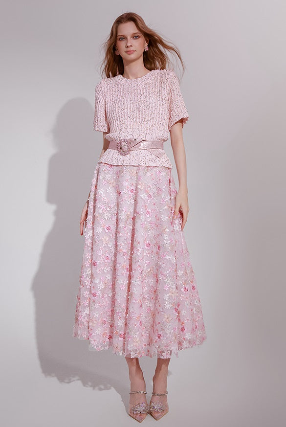 Wardrobes by Chen Elegant Pink Sequin Embroidered Long midi Skirt - Jiaa