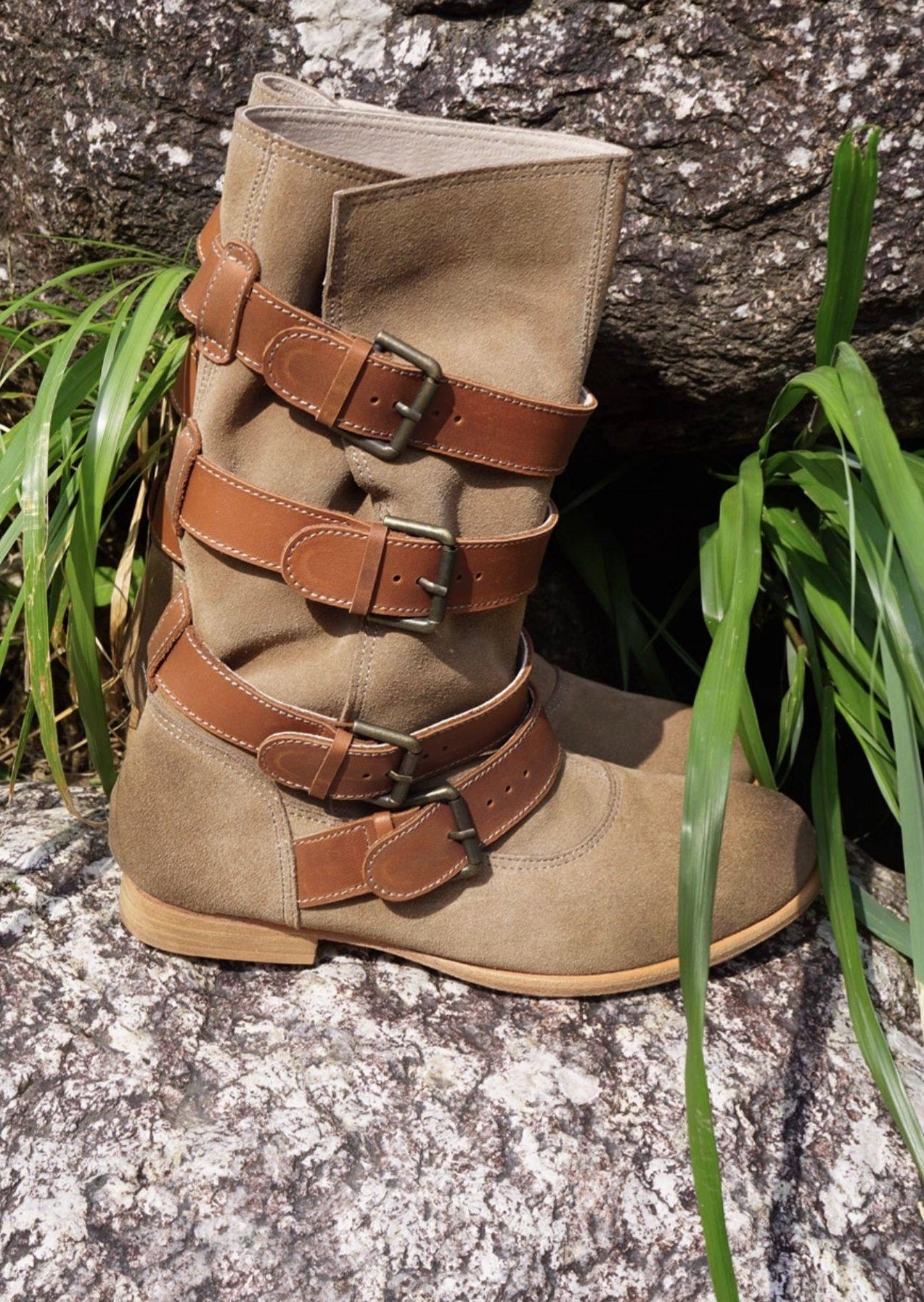 B-FEI Vintage Belt Buckle Denim Stack Boots- OKRE.
