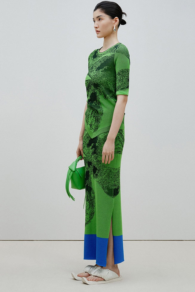 ZHUCHONGYUN Summer Green Drawstring Crew Neck Mid-Sleeve Knit Top-ARIANA.