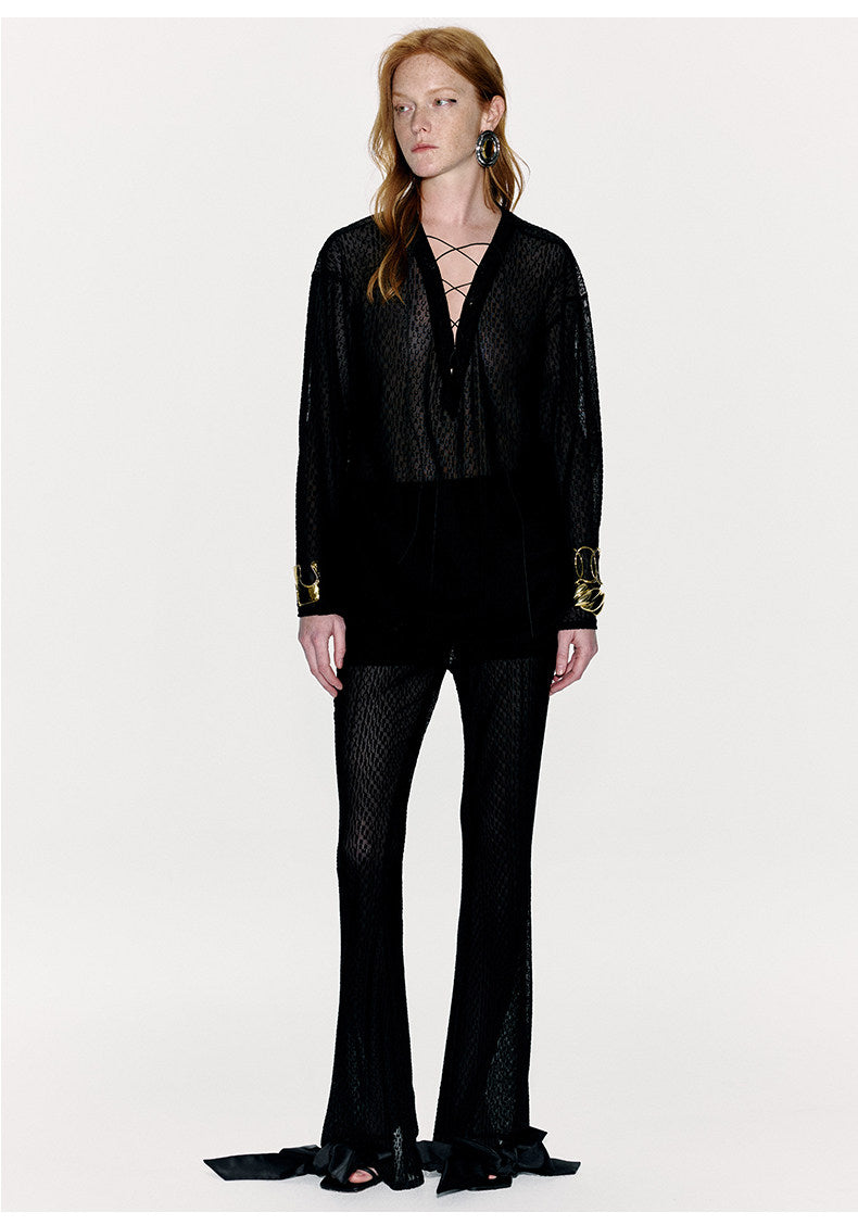 ATELIER MISS LU Flocking Design Sheer Cross-strap Top - KNEAD