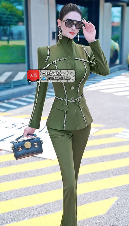 VJE  Denim Suit Webbing Jacket Micro Flared Pants Two-Piece Set - OPO.