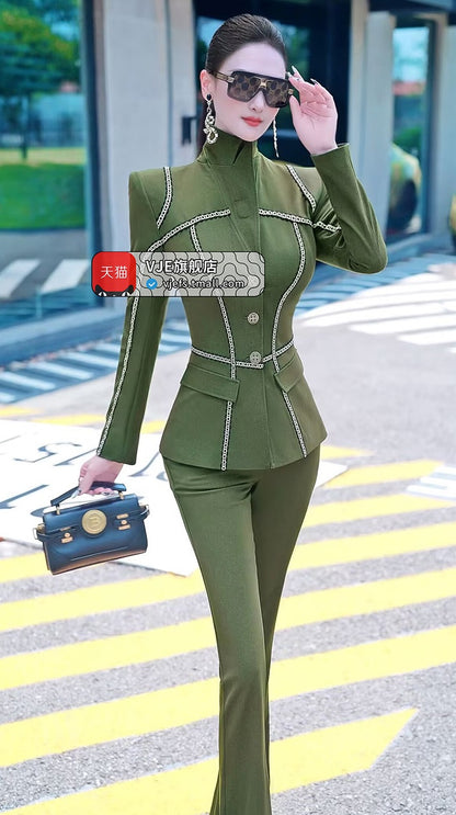 VJE  Denim Suit Webbing Jacket Micro Flared Pants Two-Piece Set-OPO.