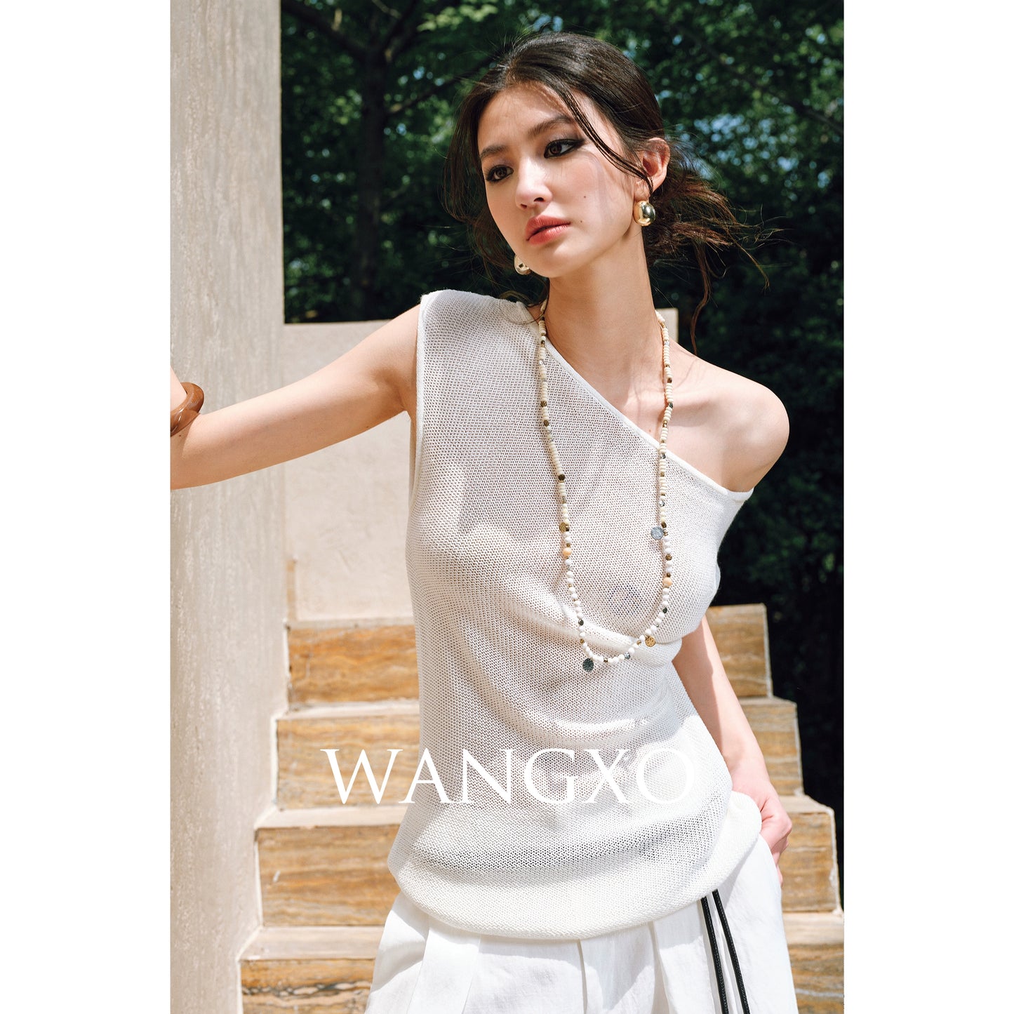 WANGXO |Linen Delicate Knit Slant Shoulder Top & Tailored Straight Pants with Airy Elegance Suit Set -RAYA