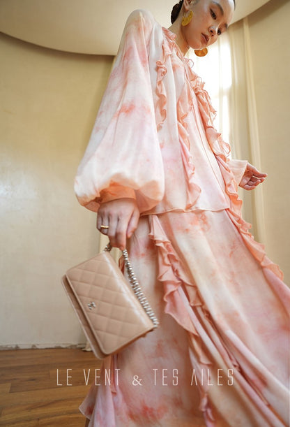 LE VENT& TES AILES Spring summer elegant multicolor silk smudged floral shirt skirt-ENE