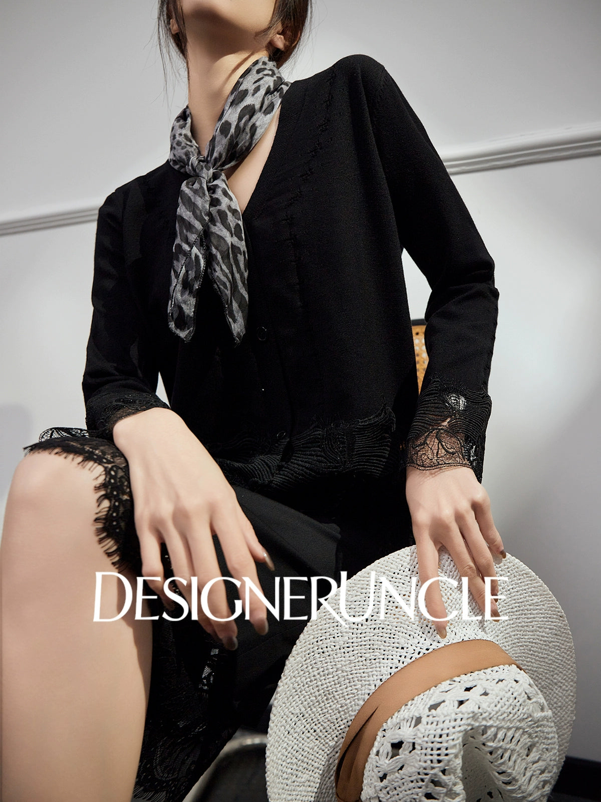 DGU Black Suit V-Neck Lace Patchwork Dress Knitted Top Two-Piece Set - FIRE.