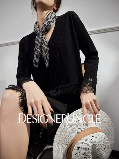 DGU Black Suit V-Neck Lace Patchwork Dress Knitted Top Two-Piece Set - FIRE.