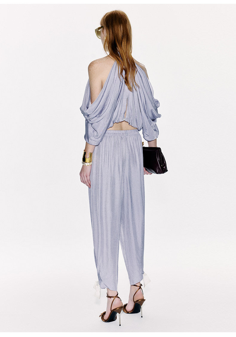ATELIER MISS LU Draped Off-the-shoulder Streamers Acetate Top - BLEIG
