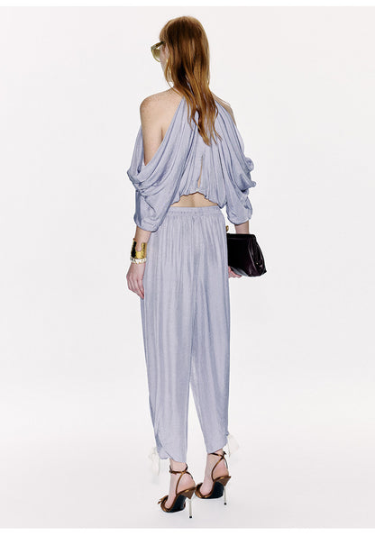 ATELIER MISS LU Draped Off-the-shoulder Streamers Acetate Top - BLEIG