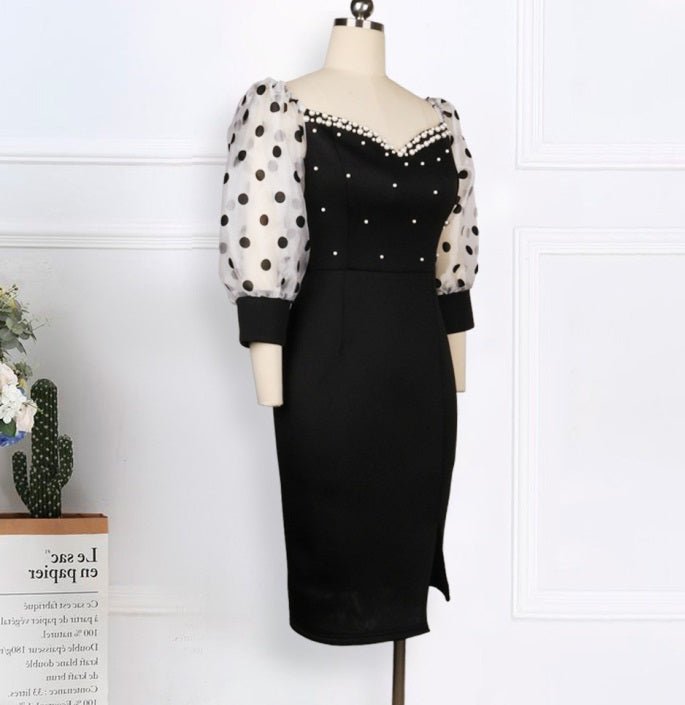 DOLLY Luxury Black Retro Style V-Neck Polka Dot Long Sleeve Slim Fit Dress-DEL