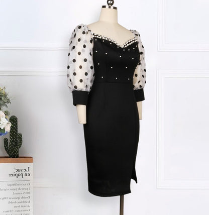 DOLLY Luxury Black Retro Style V-Neck Polka Dot Long Sleeve Slim Fit Dress-DEL