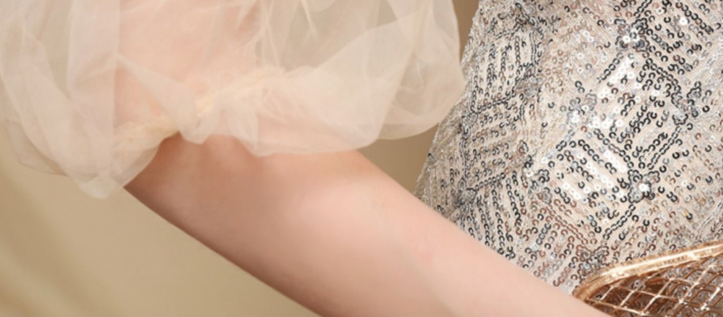 DOLLY Elegant Black Glitter Mesh Long Puff Sleeve Sequin Evening Dress-NUNU