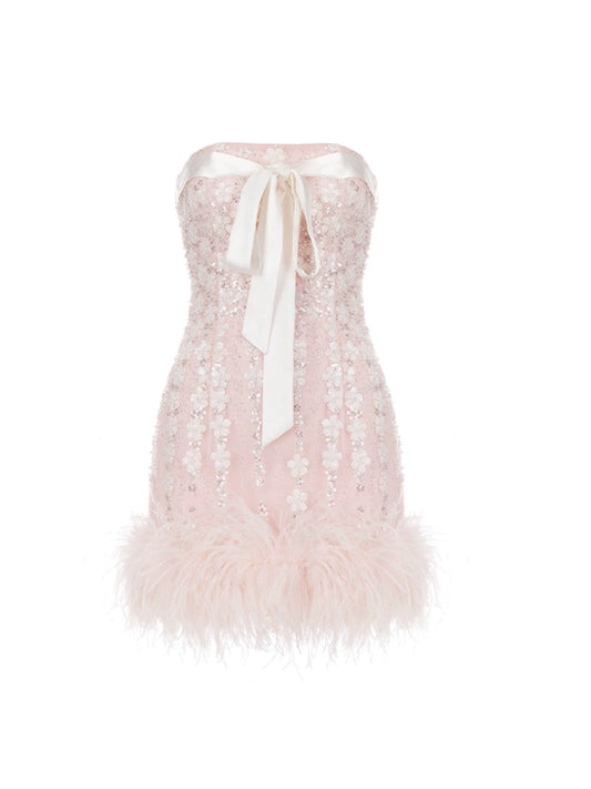 Wardrobes by Chen Luxury Pink Strapless Chest Wrap Ribbon Feather Dress- Zeira
