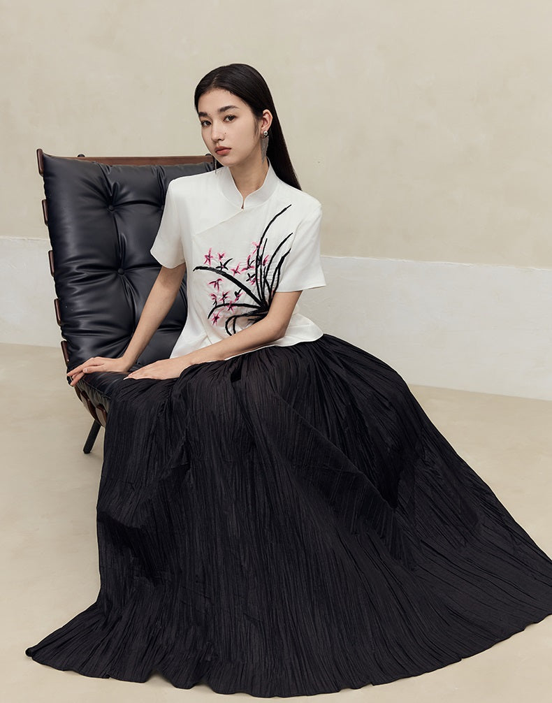 HECO striped texture swing high waist black green women's long skirt - muse.