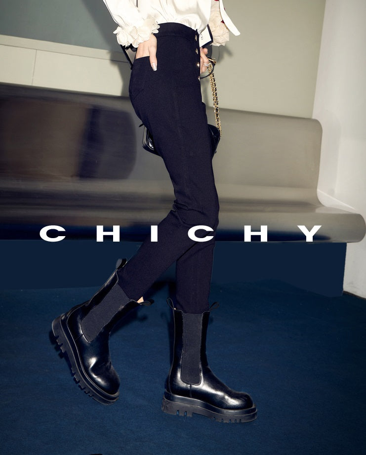 CHICHY French high-end narrow black slim small leg long pants-MIZU