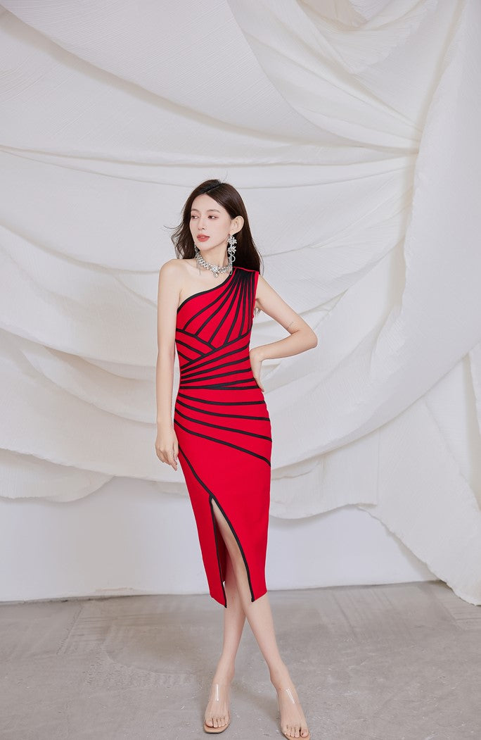 DOLLY Elegant One Shoulder Sleeveless Stripped Slim Fit Slit Dinner Dress-ZEN