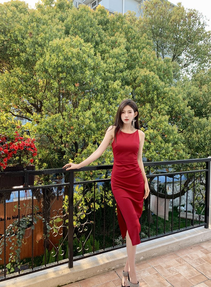 DOLLY Elegant Black Sleeveless Slim Fit Pleated Waist Long Birthday Dress-JUDY