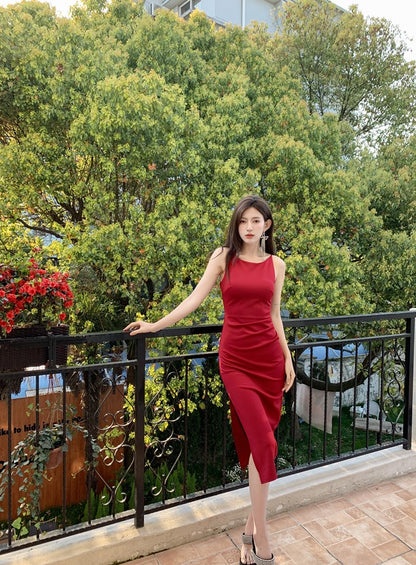 DOLLY Elegant Black Sleeveless Slim Fit Pleated Waist Long Birthday Dress-JUDY