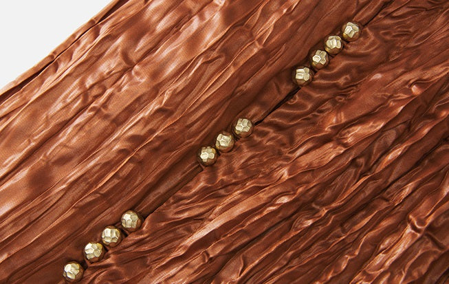 ZHUCHONGYUN Glossy Pleated Beaded Strap Straight Maxi Dress-YOKOZO.