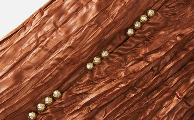 ZHUCHONGYUN Glossy Pleated Beaded Strap Straight Maxi Dress-YOKOZO.