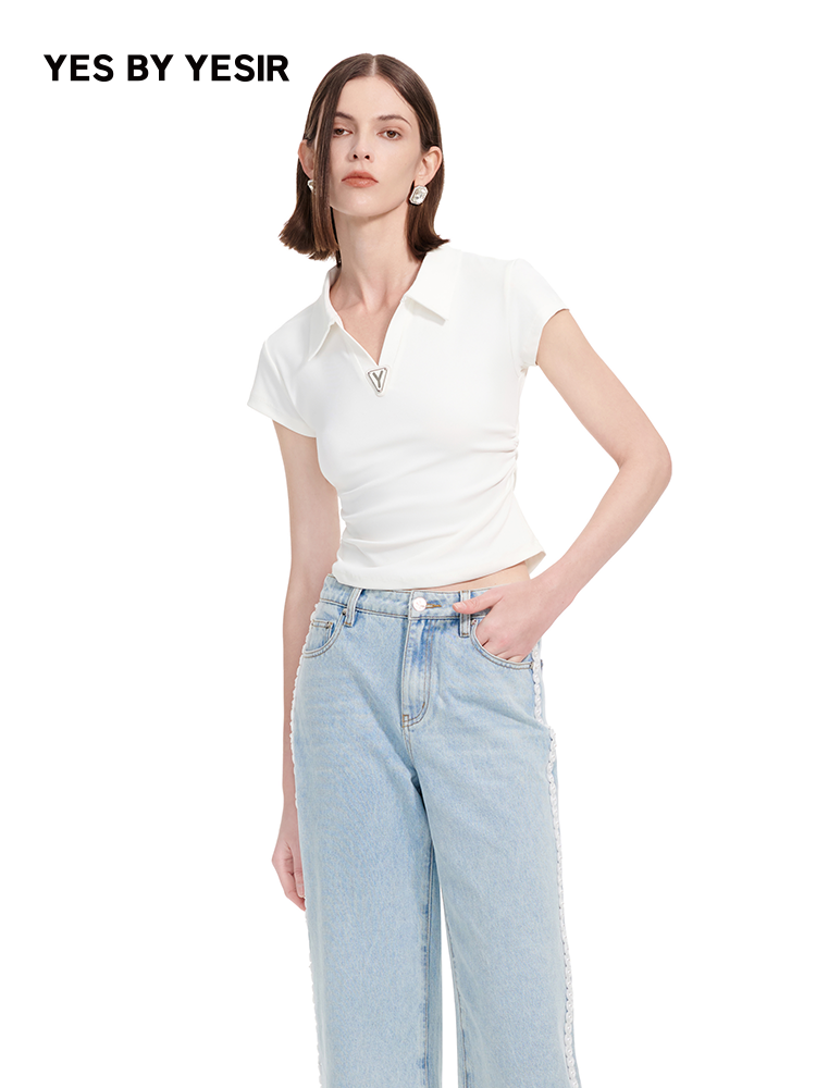 YES BY YESIR | Ye Qian  Y-Triangle Tag Polo Neck T-Shirt Delicate Pleats-LOREINE.