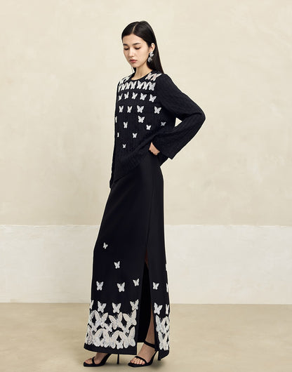 HECO butterfly beads embroidered round neck long sleeve top Women - CROWN.