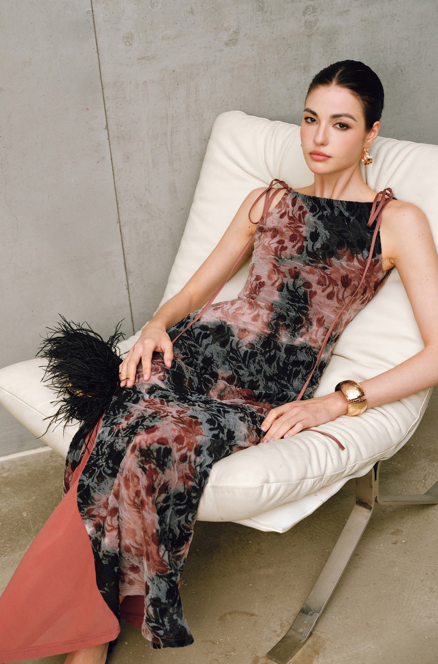 WANGXO | Artistic Ink Smudge Flora Knit Patchwork Contrast Tulle One-Shoulder Fishtail Dress with Flowing Gradient Drama -XINA