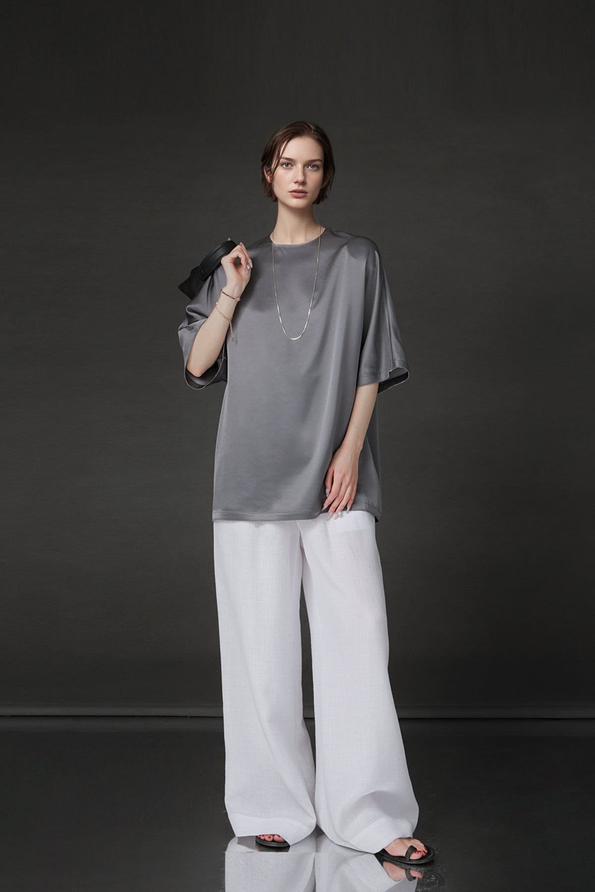 PIAOIN light luxury acetate satin glossy mid sleeve body shirt - CHARLOTTE