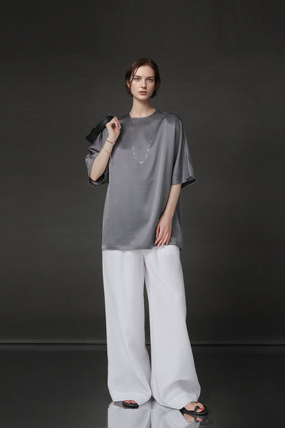 PIAOIN light luxury acetate satin glossy mid sleeve body shirt - CHARLOTTE