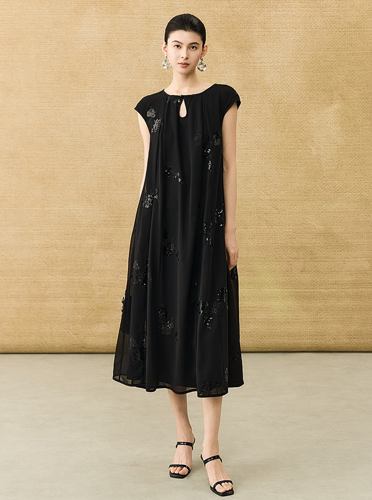 HECO Chinese Style Water Drop Neck Shoulder Embroidered Dress - SWEAT.