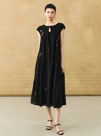 HECO Chinese Style Water Drop Neck Shoulder Embroidered Dress - SWEAT.