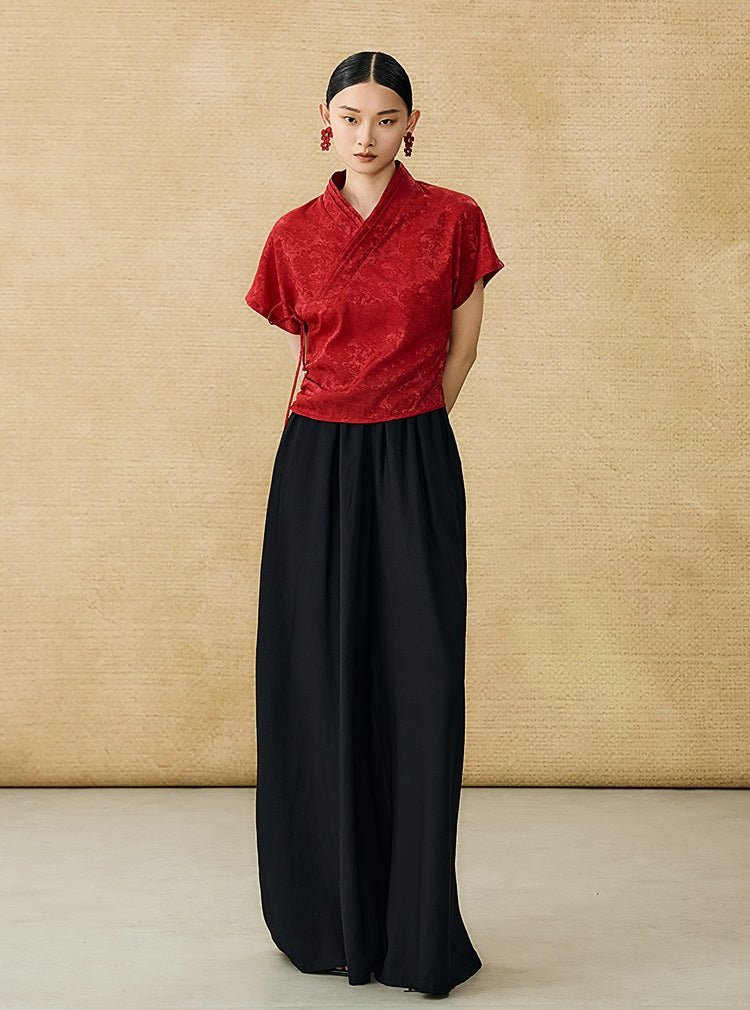 HECO Chinese style summer new slanted V-neck pinch pleated shirt - ASSURE .
