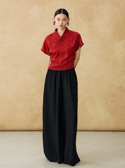 HECO Chinese style summer new slanted V-neck pinch pleated shirt - ASSURE .