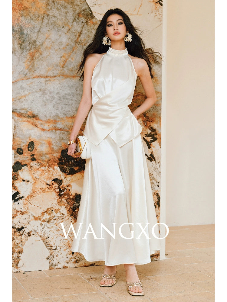 WANGXO | Pearl Lustrous Luxury Gilt Satin  Halterneck Folded Waist Top & High-Waisted Umbrella Skirt Set - ARIA