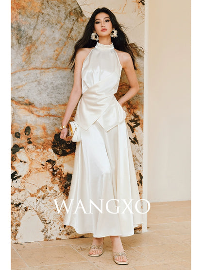 WANGXO | Pearl Lustrous Luxury Gilt Satin  Halterneck Folded Waist Top & High-Waisted Umbrella Skirt Set - ARIA