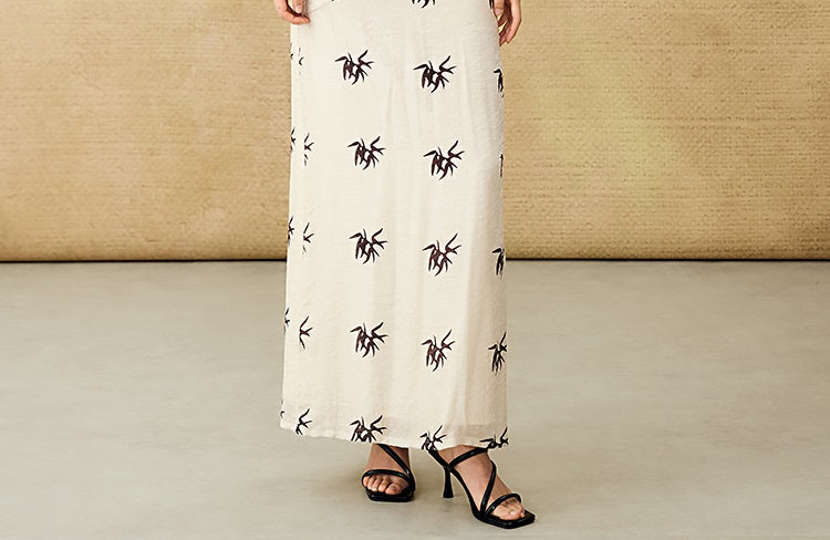 HECO Chinese irregular pleated camisole bamboo leaf print long dress- ROCK .
