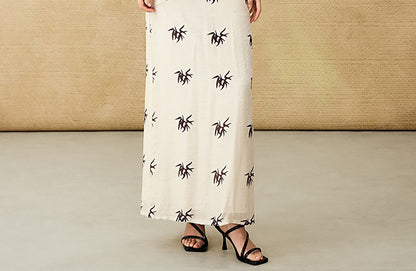 HECO Chinese irregular pleated camisole bamboo leaf print long dress- ROCK .