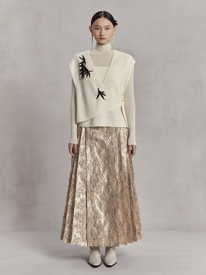 HECO high waist pleat blue purple green jacquard Embossed Skirt Women - king.