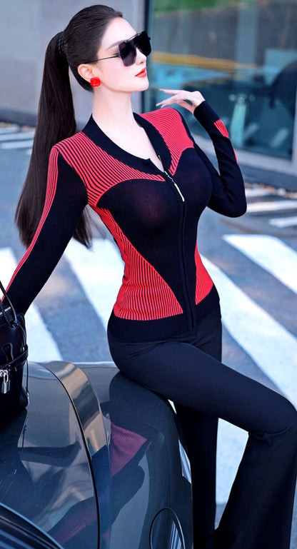 VJE color-blocked plaid knitted cardigan long-sleeved slim sweater top-QIN.