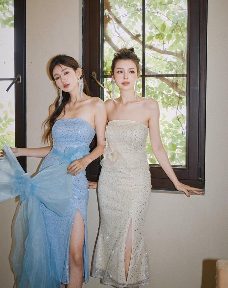 DOLLY Elegant Blue Flower Ribbon Tube Sequin Fish Tail Dinner Dress-LONE